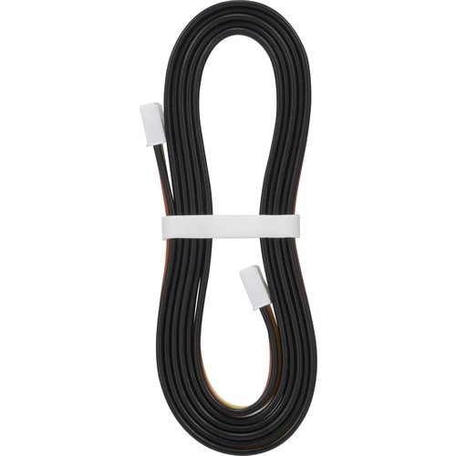 Ein langes, schwarzes Kabel mit weißen Steckverbindungen an beiden Enden, für den Anschluss von elektronischen Geräten.